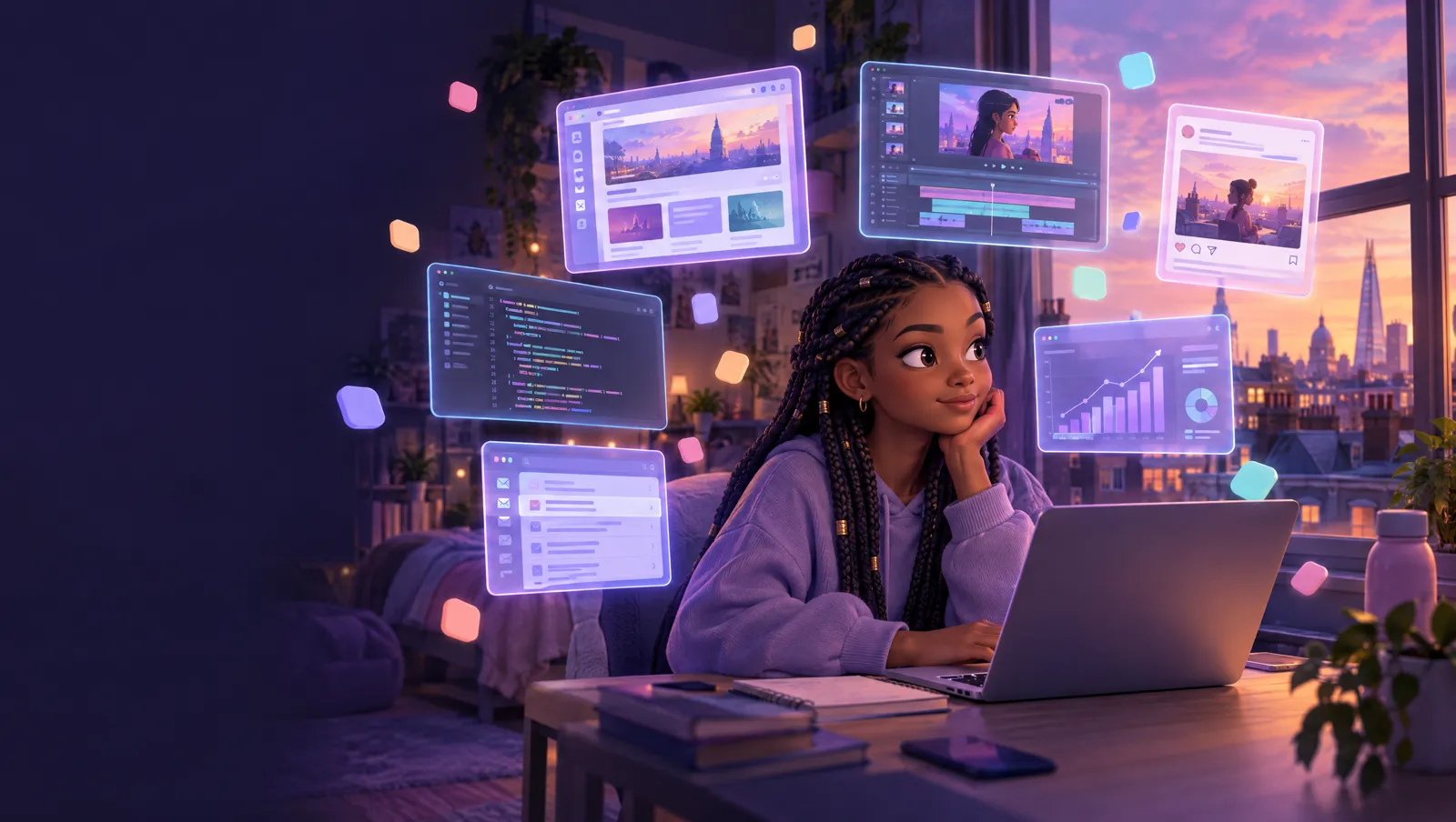 A teenage founder at her laptop, surrounded by floating screens: a website, a film edit, marketing posts and code