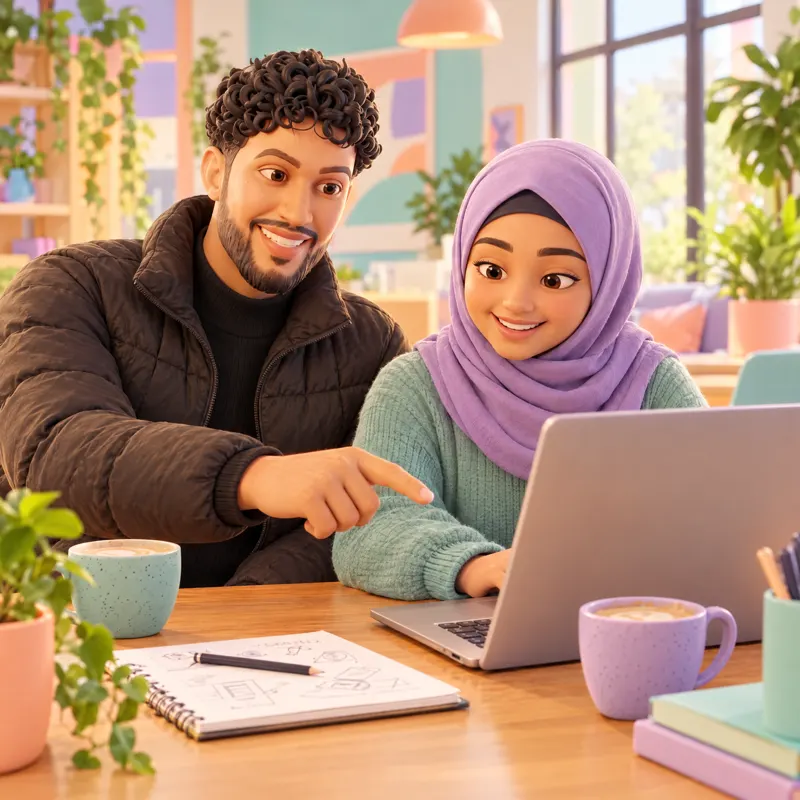 Harrez mentoring a Scholar as she builds her project on a laptop