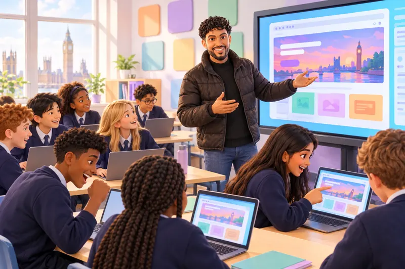 Harrez leading a workshop, students building websites on laptops