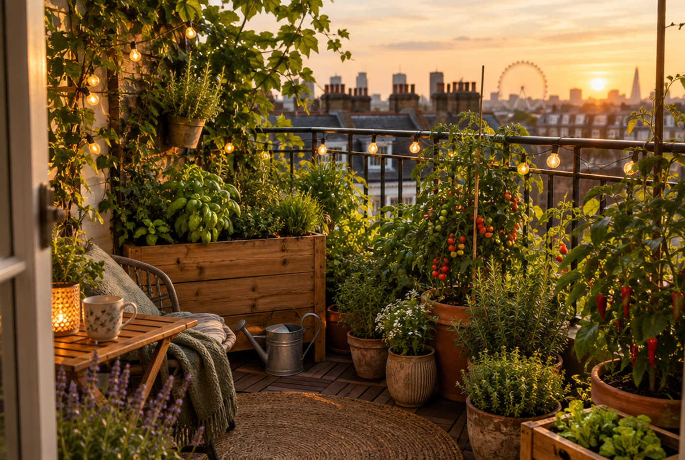 A small London balcony at sunset full of tomatoes, herbs and chillies in wooden planters and terracotta pots