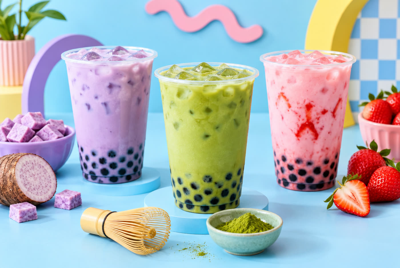 Three bubble teas: taro, matcha and strawberry milk tea with tapioca pearls on a pastel blue set