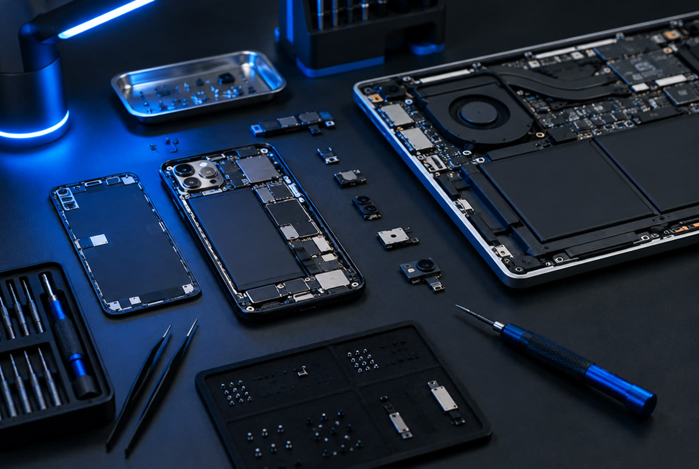 Disassembled smartphones and a laptop with its battery exposed on a dark repair bench lit in blue