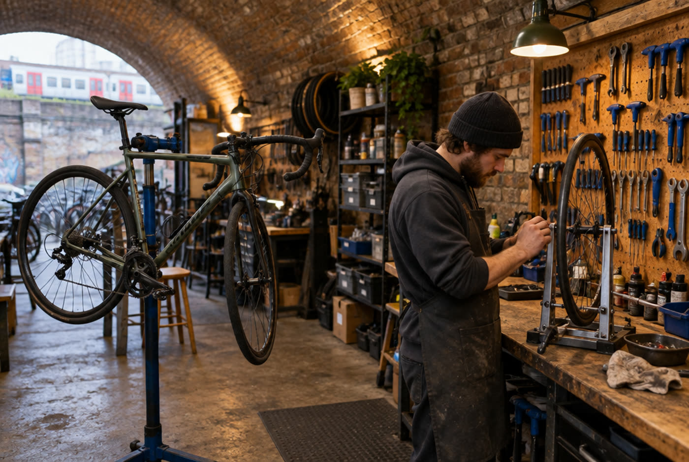 Tools hanging on a pegboard wall in the workshop