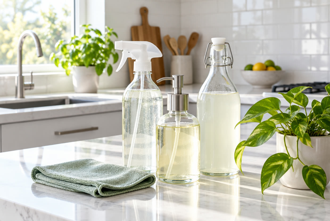 Glass spray bottles of plant-based cleaner, a sage microfibre cloth and a pothos plant on a bright marble kitchen worktop
