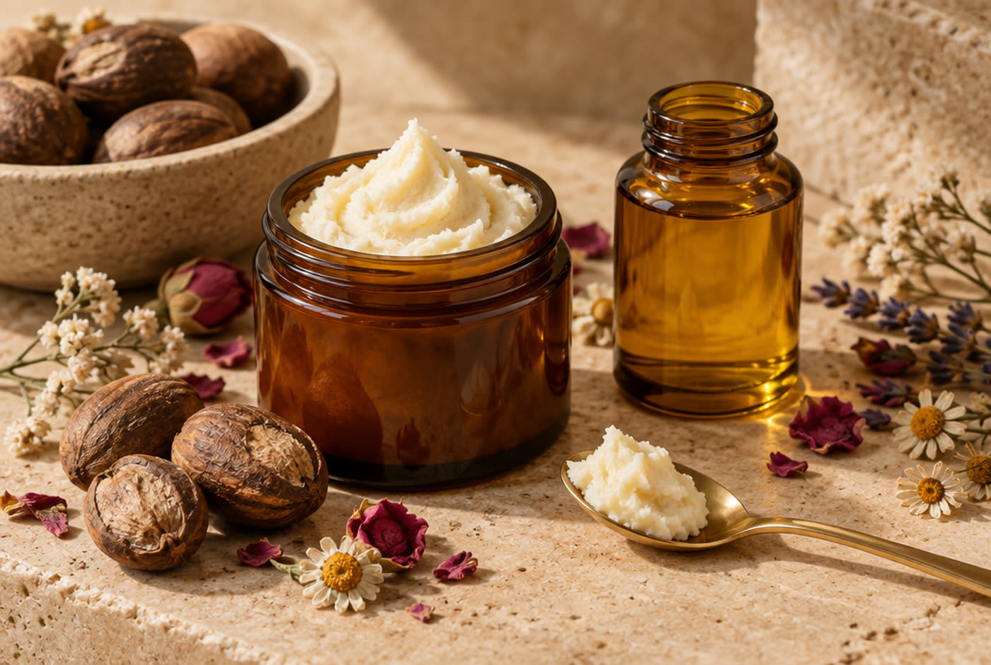 An amber jar of whipped shea butter beside a bottle of oil, shea nuts, dried rose petals and chamomile on warm stone