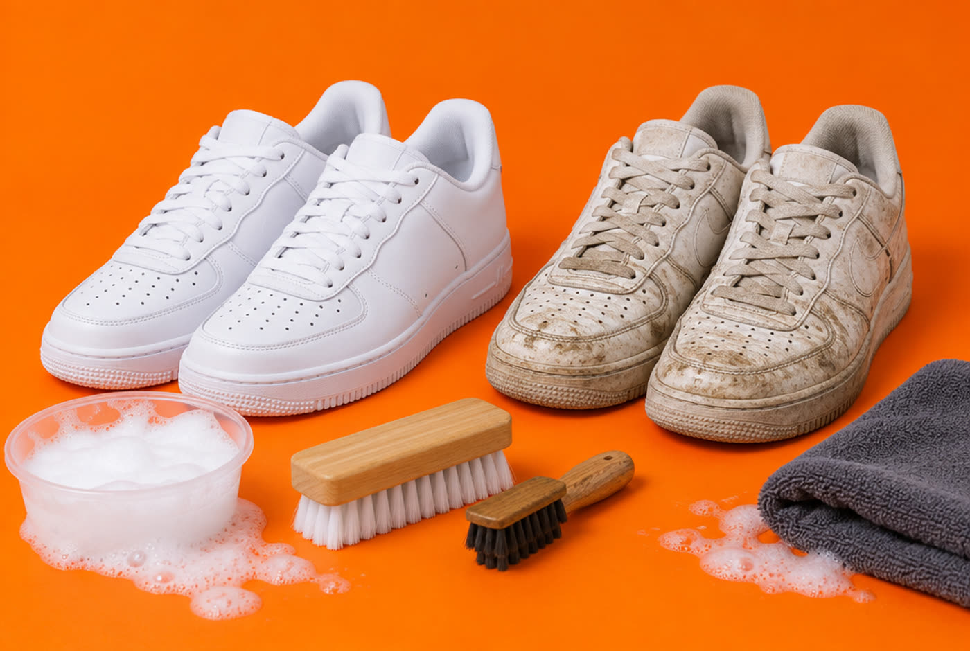 A clean pair of white trainers next to a dirty pair, with a soap bowl, cleaning brushes and a grey towel on an orange background