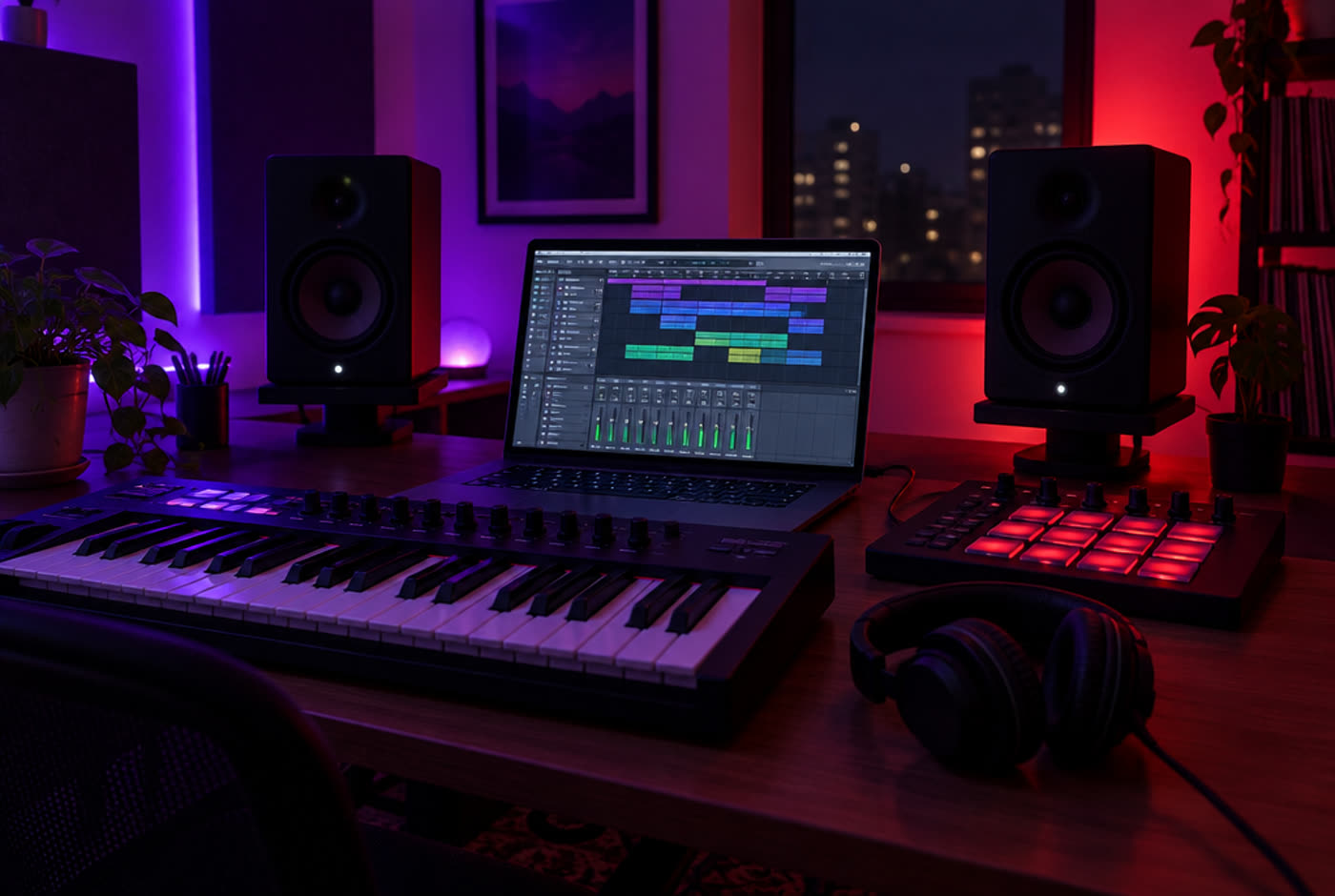 A home studio at night with a laptop running a DAW, studio monitors, a MIDI keyboard and a glowing drum pad under purple and red light