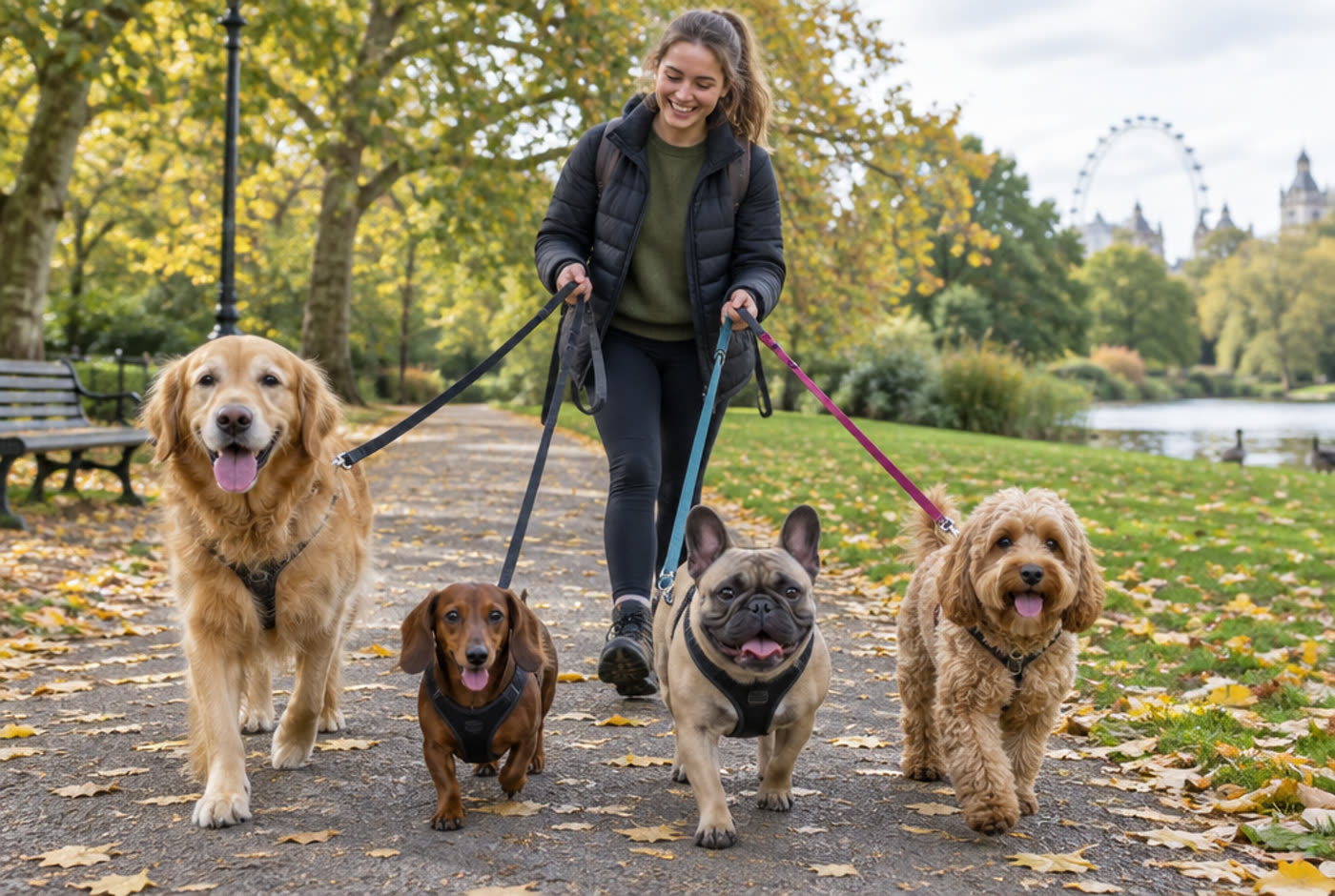 A smiling dog walker with a golden retriever, dachshund, French bulldog and cockapoo on an autumn path in a London park
