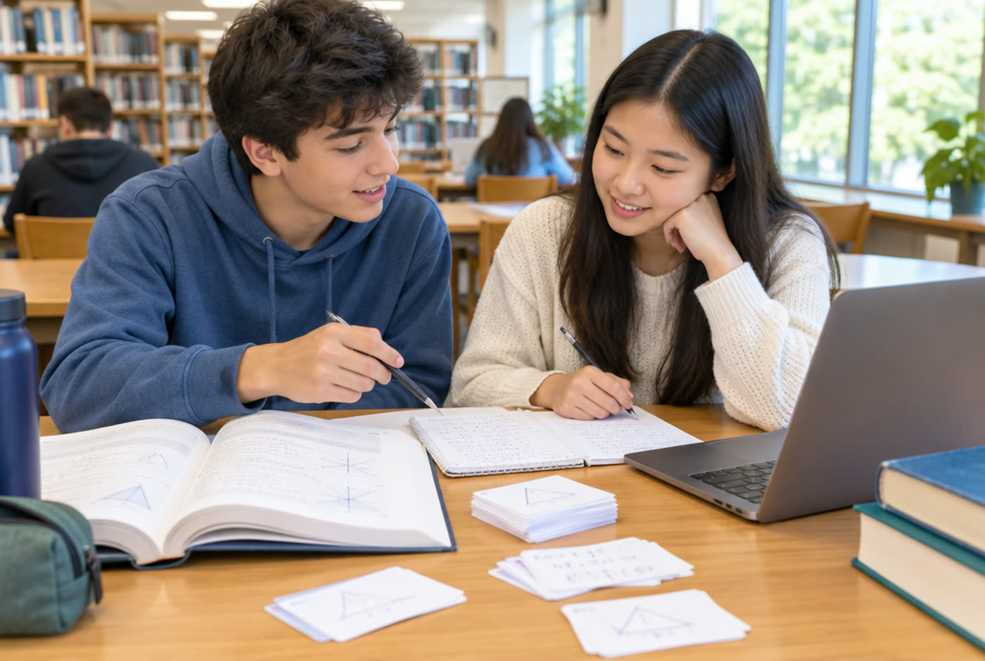 A sixth former helping a GCSE student with maths at a library table