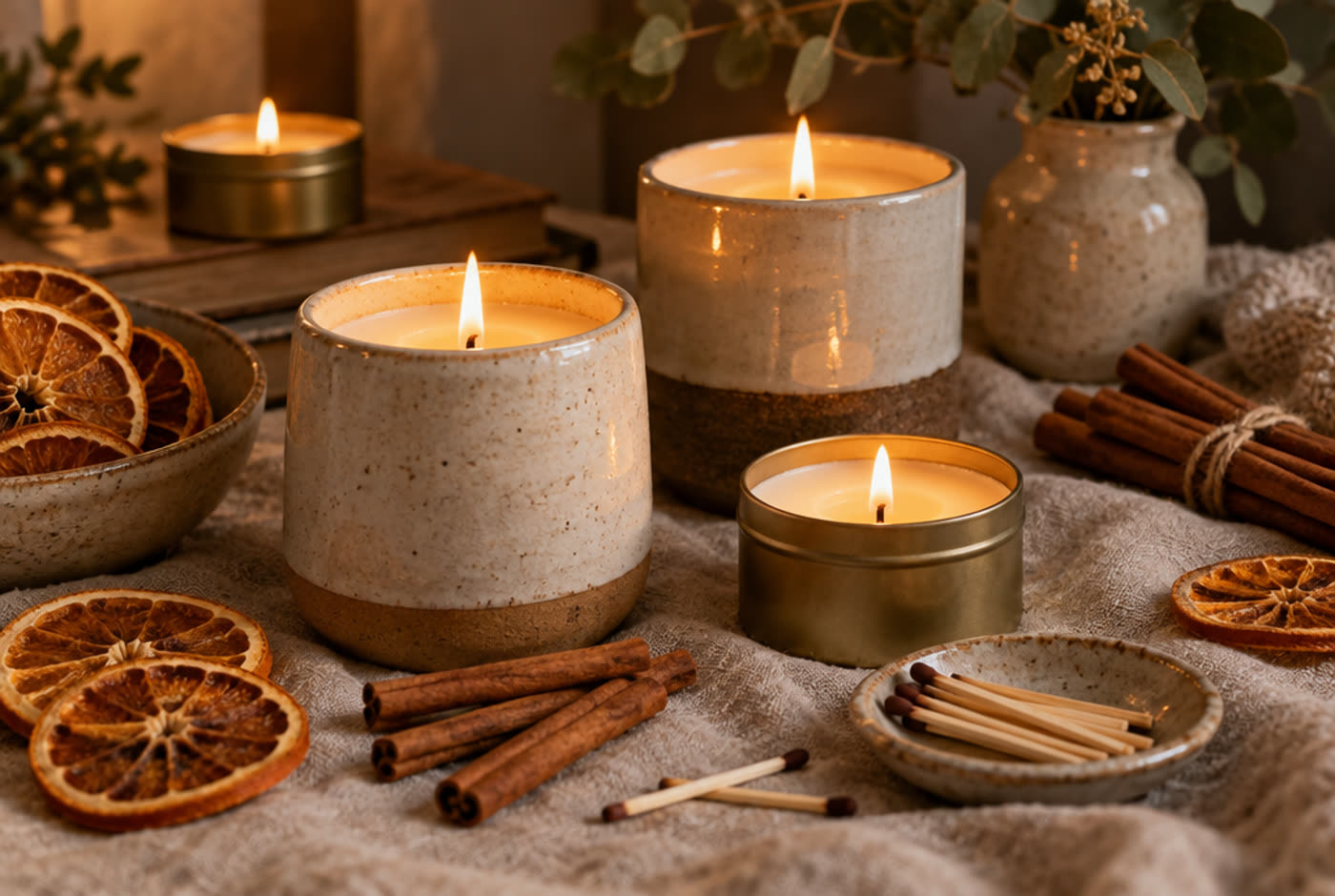 Cinnamon sticks tied with twine next to a lit candle