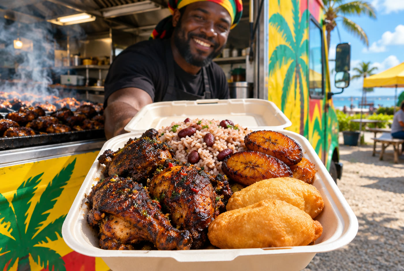 A smiling chef holding out a box of jerk chicken, rice and peas, fried plantain and festival in front of a yellow and green food truck